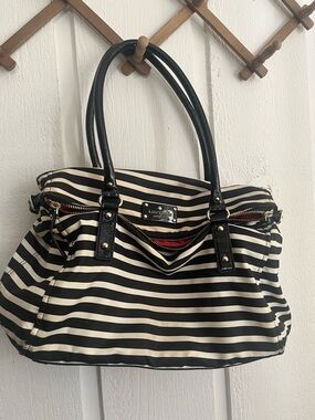 kate spade Black and White Striped Tote with Red Accent